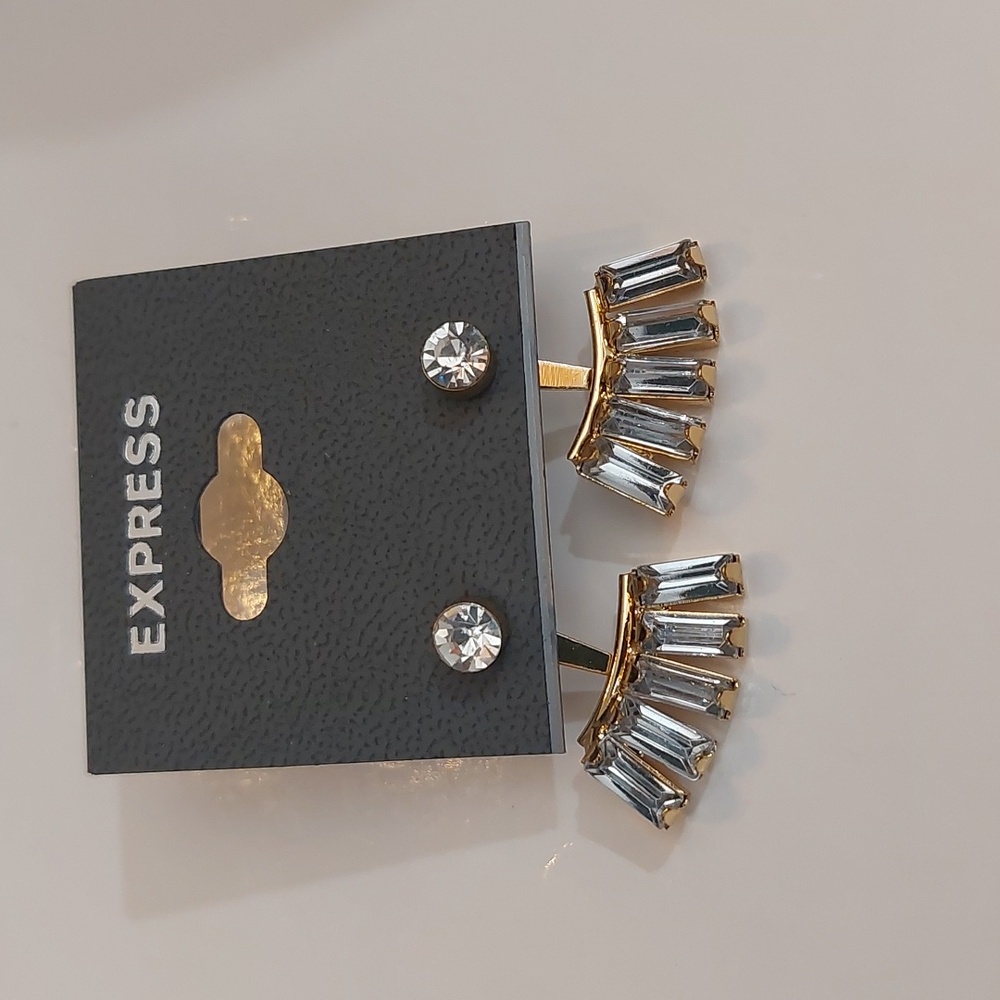 Express Gold Tone Rhinestone Paved Stud And Fan Drop Baguette Jacket Earrings